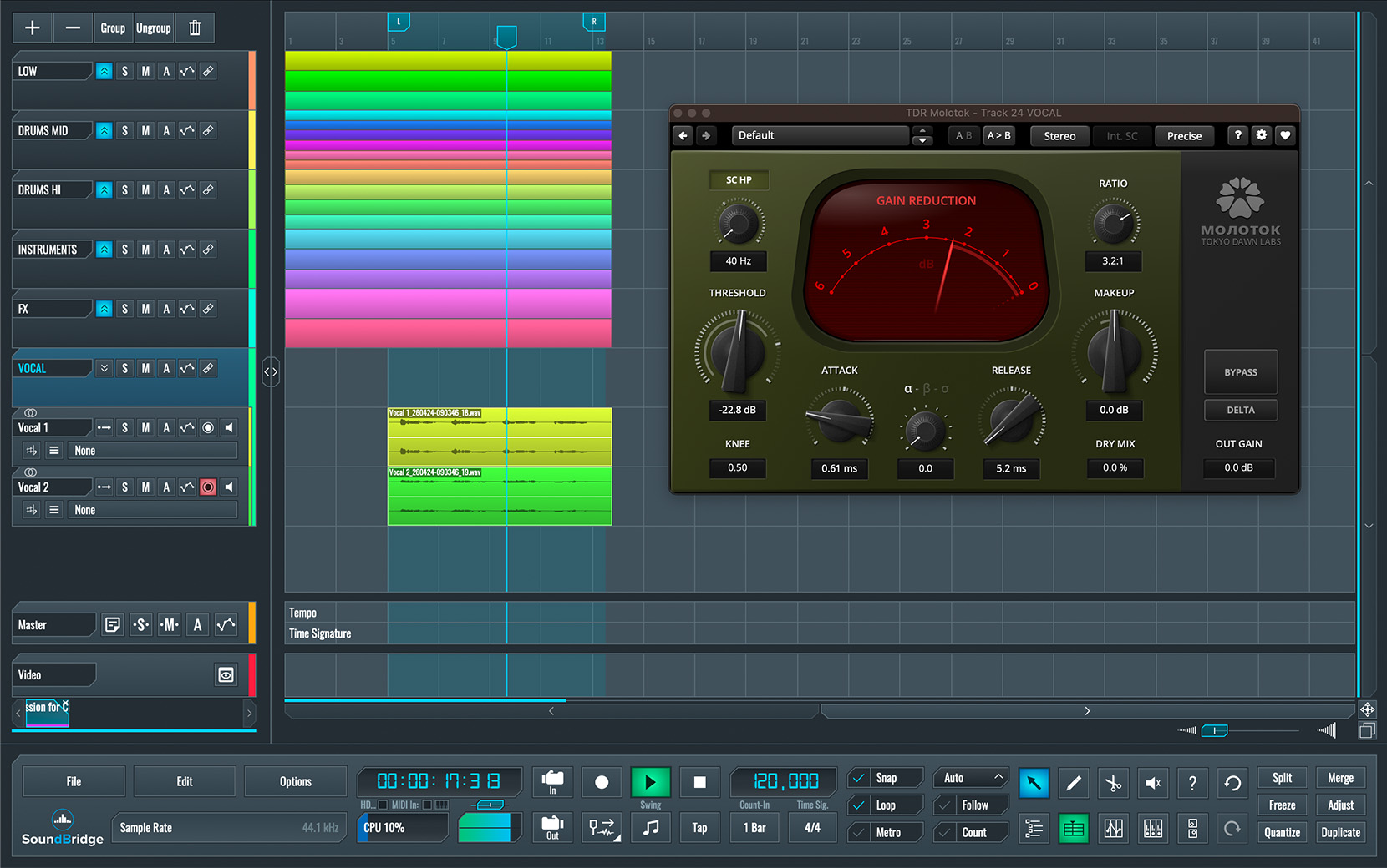 This is an image of the Molotok Compressor by Tokyo Dawn we used to add the first stage of compression to our vocals
